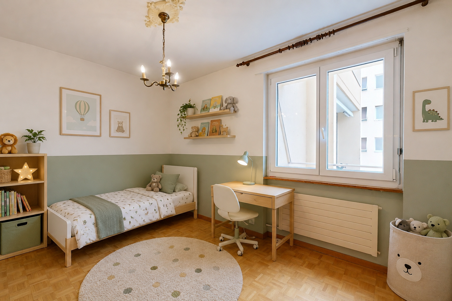 pièce vide avec radiateur, sol en finition bois, wood finish floor, inside property, et mur en papier peint
