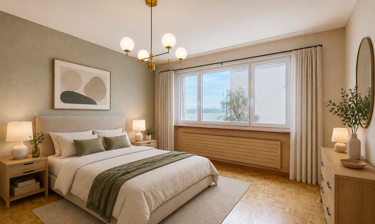 pièce vide avec wallpaper wall, mur en papier peint, radiateur, wood finish floor, et sol en finition bois