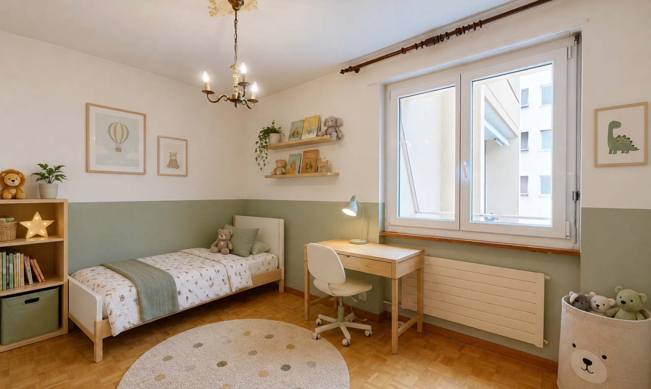 pièce vide avec radiateur, sol en finition bois, wood finish floor, inside property, et mur en papier peint