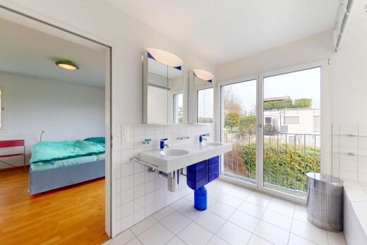 salle de bains avec salle de bain attenante, dosseret, lumière naturelle, cloison sèche, et miroir