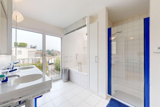 salle de bains avec douche, lumière naturelle, sol en carrelage, et bain