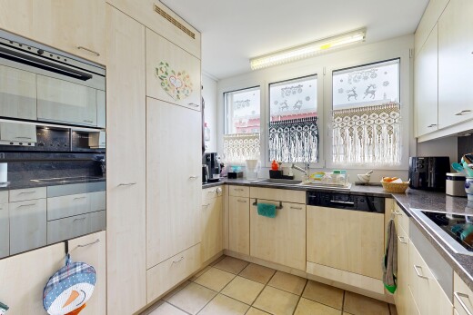 küche mit dark countertops, arbeitsplatten, light floor, natural light, und natürliches licht