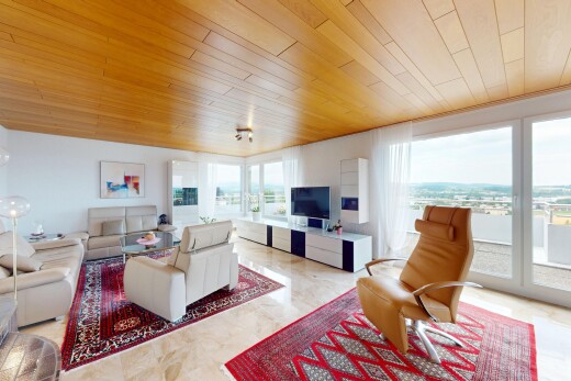 wohnzimmer mit inside property, holzdecke, wood ceiling, fernseher, und natürliches licht