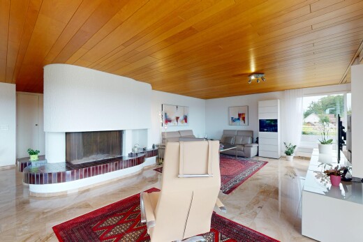 wohnzimmer mit kamin, inside property, wood ceiling, holzdecke, und drywall