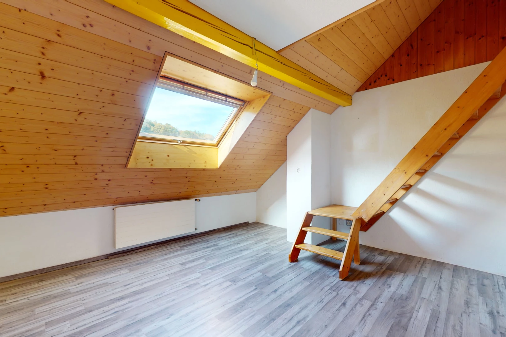 pièce vide avec plancher de bois, plafond voûté, lucarne, mur en bois, et lumière naturelle