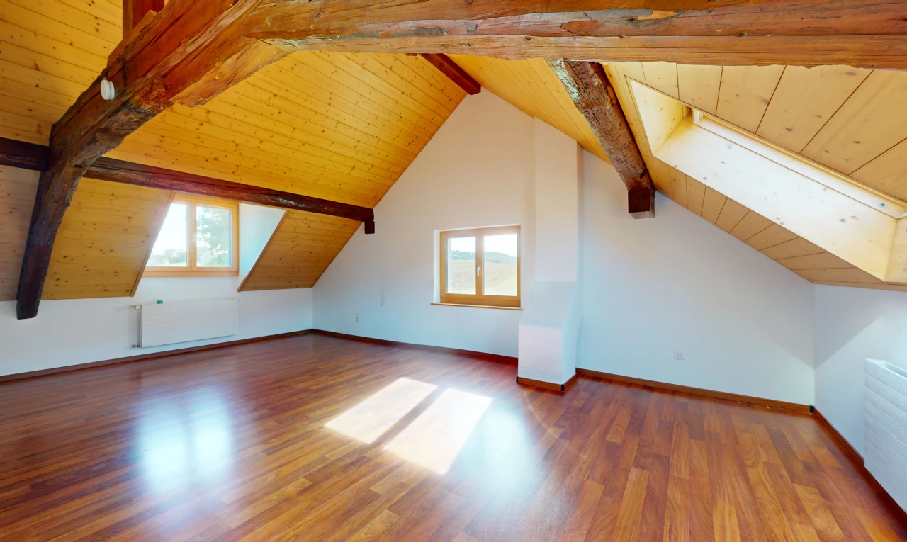 pièce vide avec plafond voûté, lumière naturelle, plafond de bois, et poutres apparentes