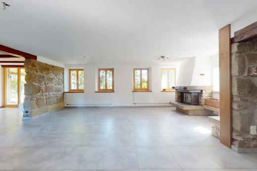 salon avec lumière naturelle, carrelage, poêle à bois, et mur en pierre