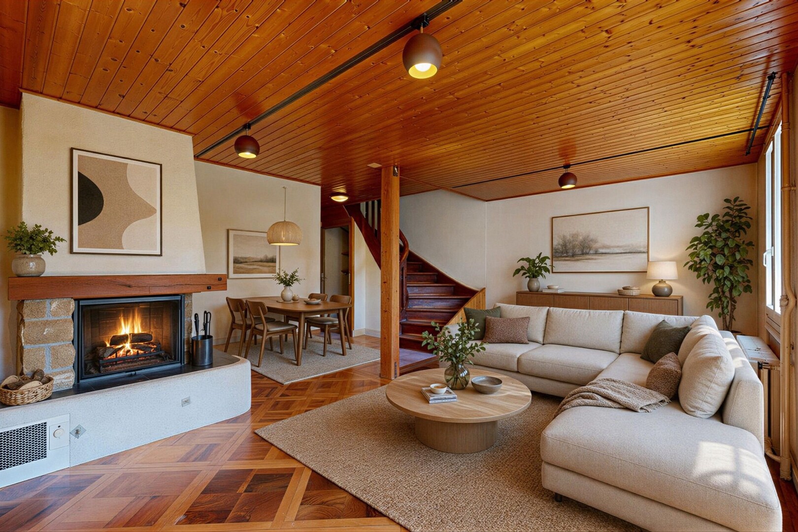 wohnzimmer mit holzdecke, wood ceiling, inside property, treppen, und kamin