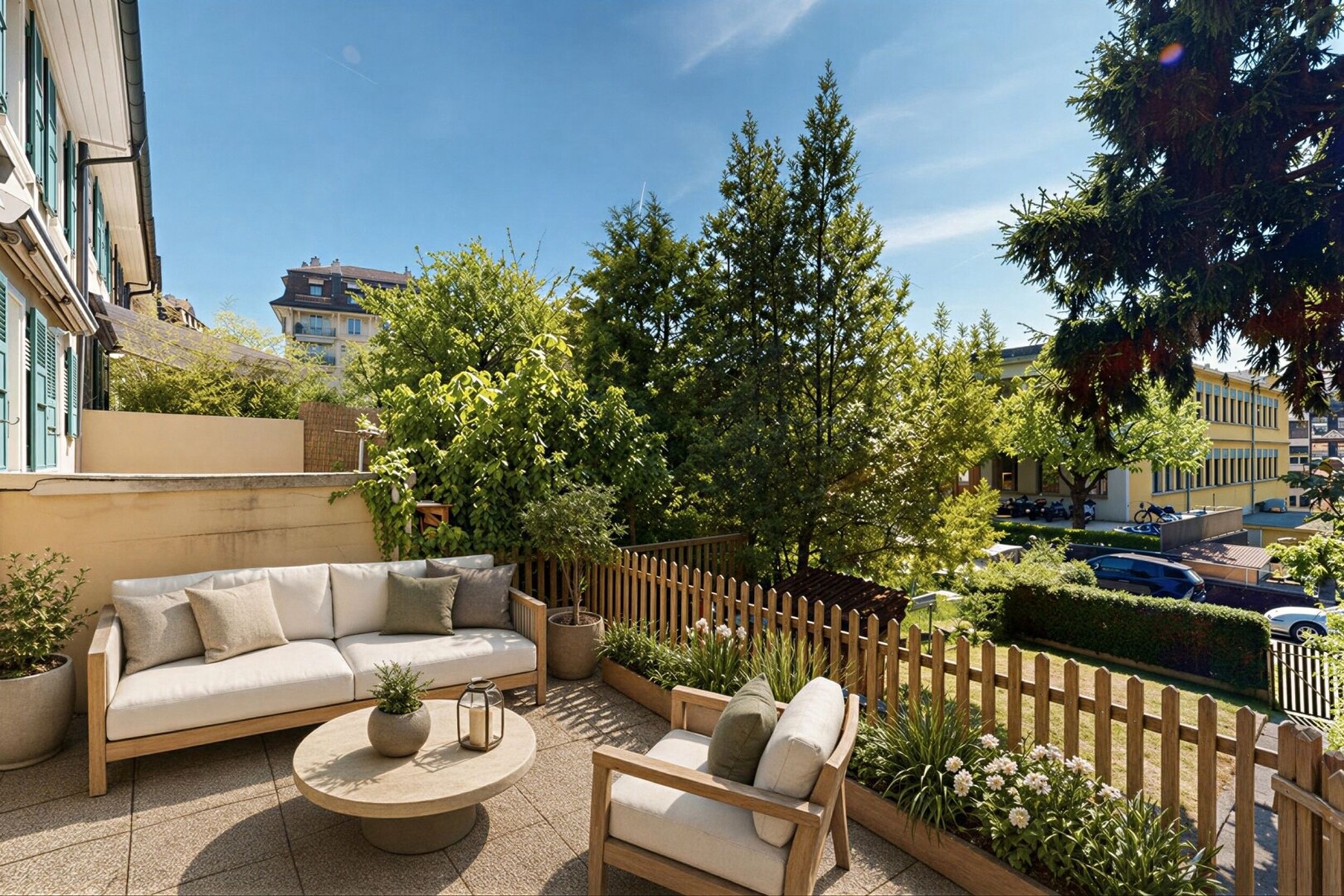 terrasse mit terrasse, day time, grill, zaun, und from property