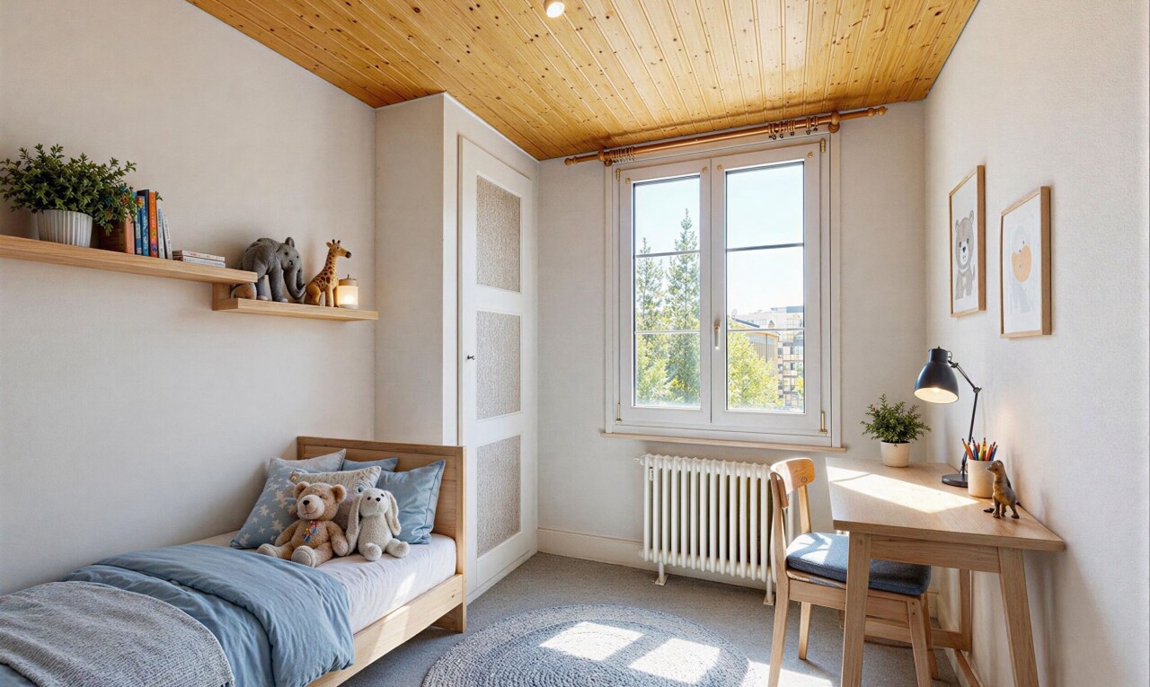 leerer raum mit wood ceiling, holzdecke, natural light, natürliches licht, und day time