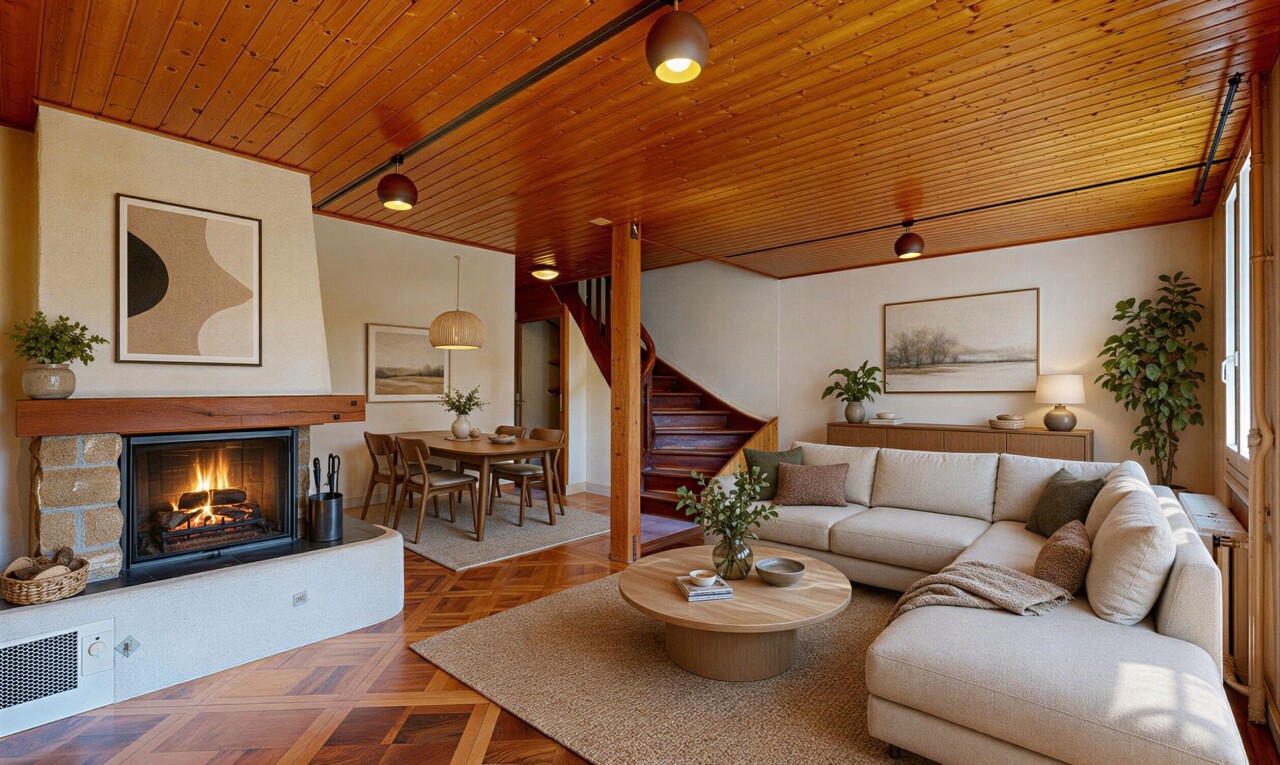 wohnzimmer mit holzdecke, wood ceiling, inside property, treppen, und kamin
