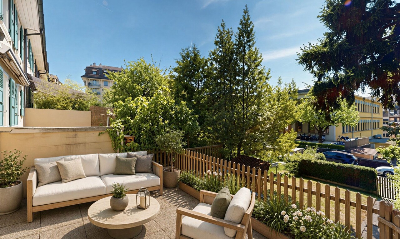 terrasse mit terrasse, day time, grill, zaun, und from property