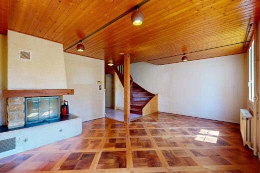 salon avec plafond en bois, wood ceiling, inside property, escaliers, et cheminée