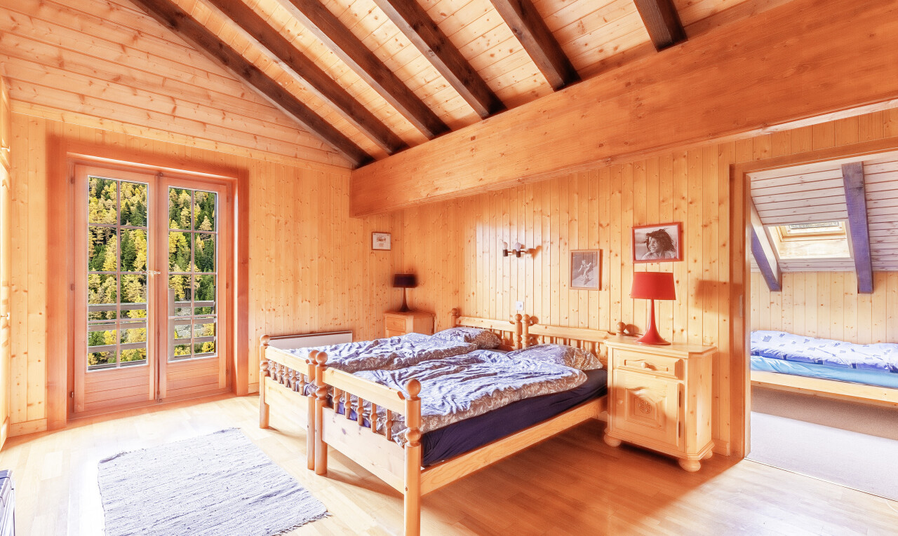 zimmer / schlafzimmer mit natürliches licht, natural light, außenzugang, dachschräge, und vaulted ceiling