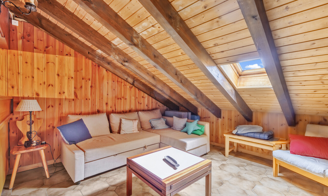 living area featuring a skylight, wooden walls, and wooden ceiling