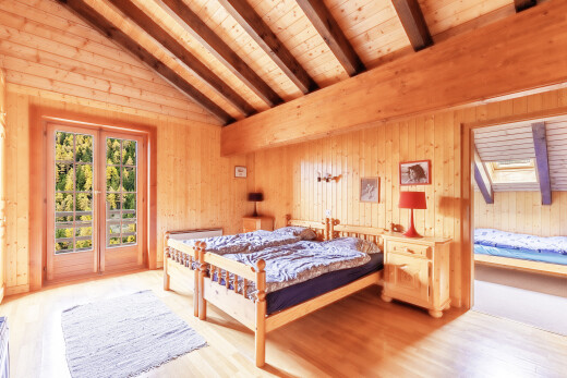 zimmer / schlafzimmer mit natürliches licht, natural light, außenzugang, dachschräge, und vaulted ceiling