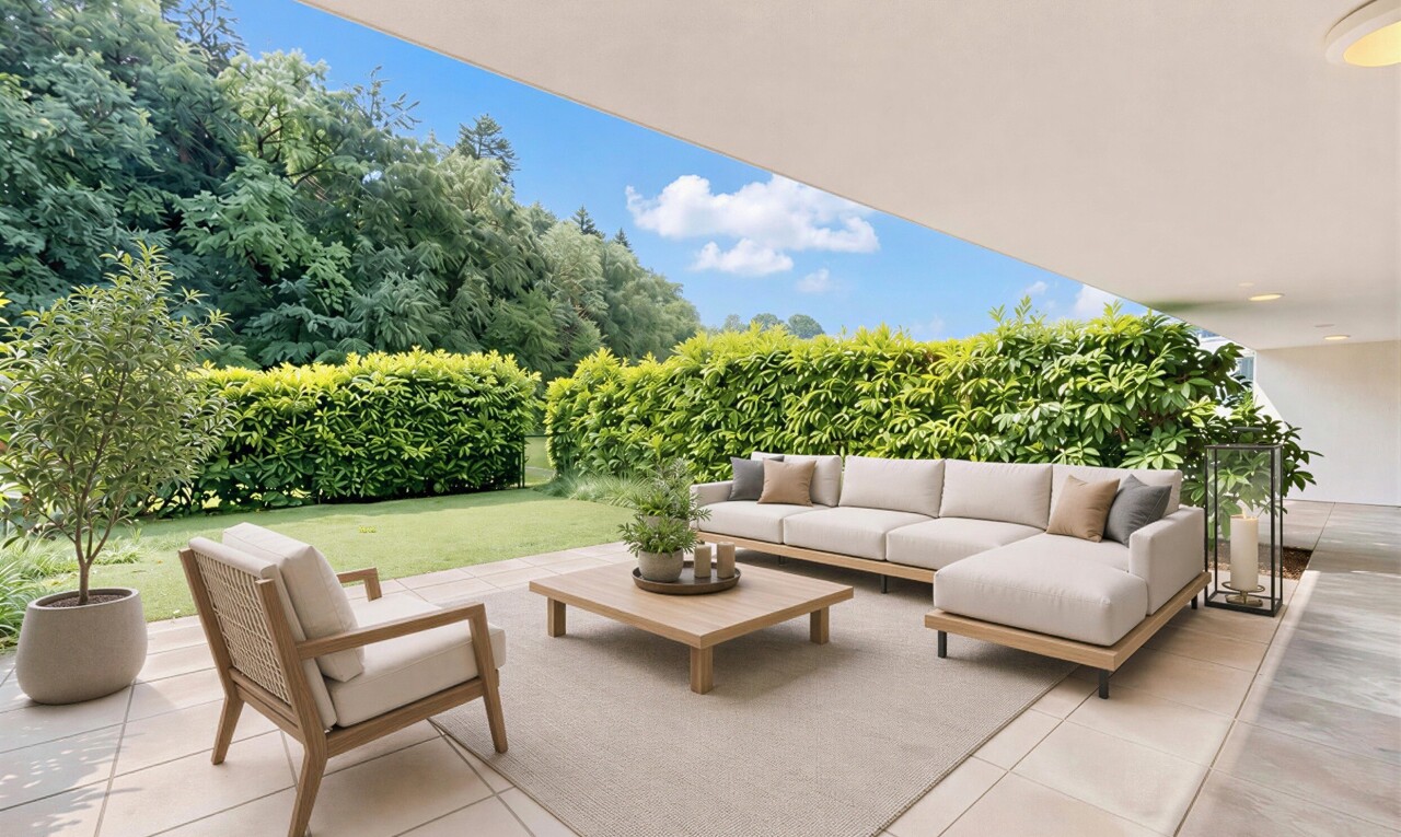 terrasse avec espace de vie extérieur, from property, terrasse, virtually staged, et day time