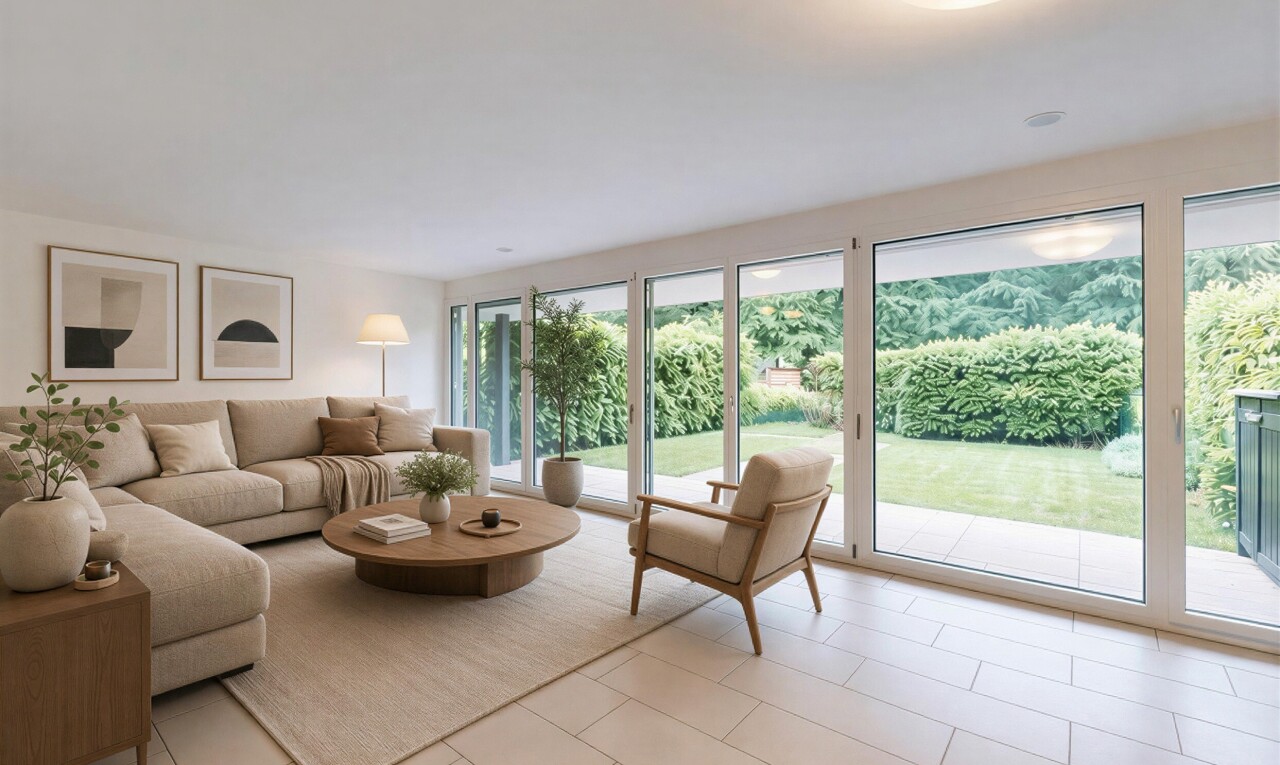 salon avec inside property, natural light, lumière naturelle, tile floor, et sol en carrelage