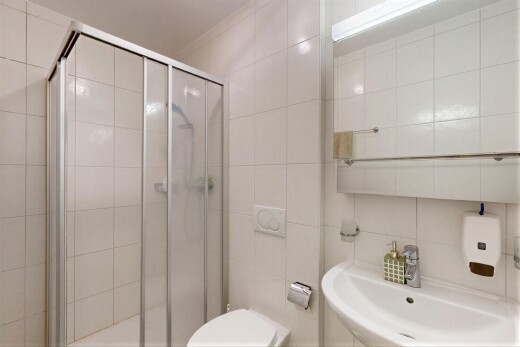 salle de bains avec salle de bain complète, miroir, évier, douche, et tile wall
