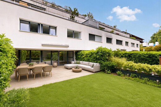 façade avec coin repas extérieur, espace de vie extérieur, terrasse, bardage en stuc, et véranda
