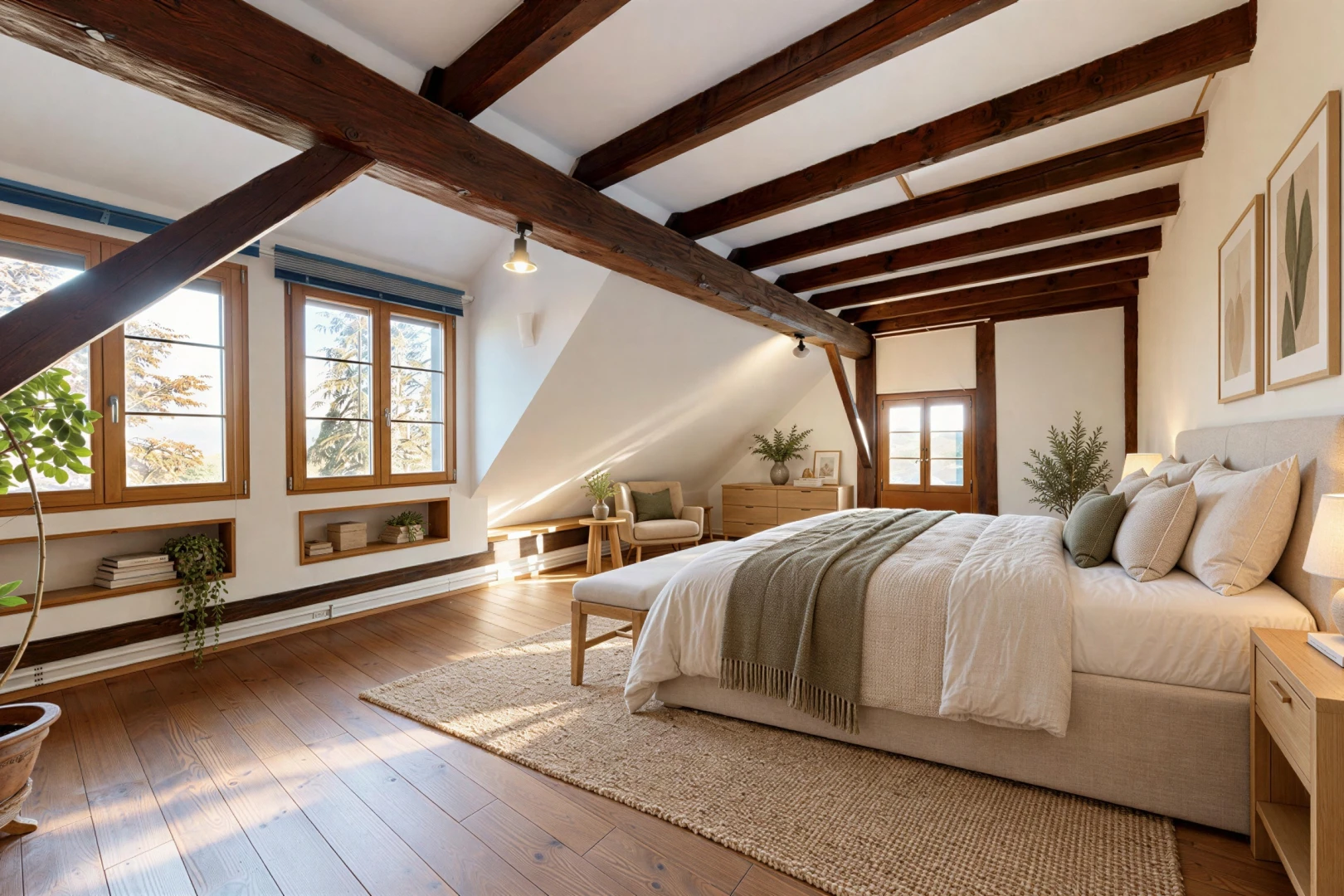 pièce vide avec pièce supplémentaire, plafond à poutres, beamed ceiling, lumière naturelle, et hardwood floor