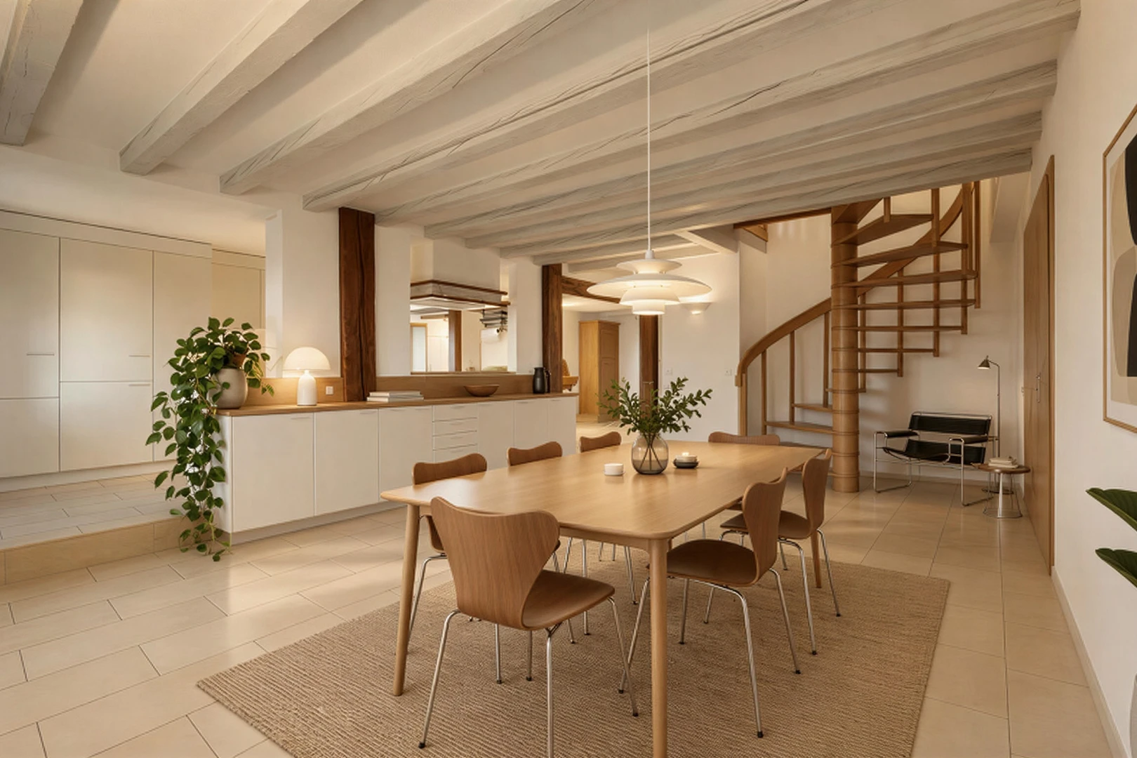 espace intérieur avec escaliers, plafond à poutres, beamed ceiling, high end ceiling, et light floor