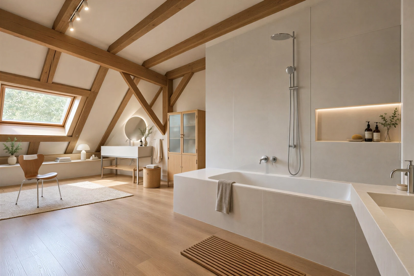 salle de bains avec plafond à poutres, beamed ceiling, salle de bain complète, éclairage sur rail, et inside property