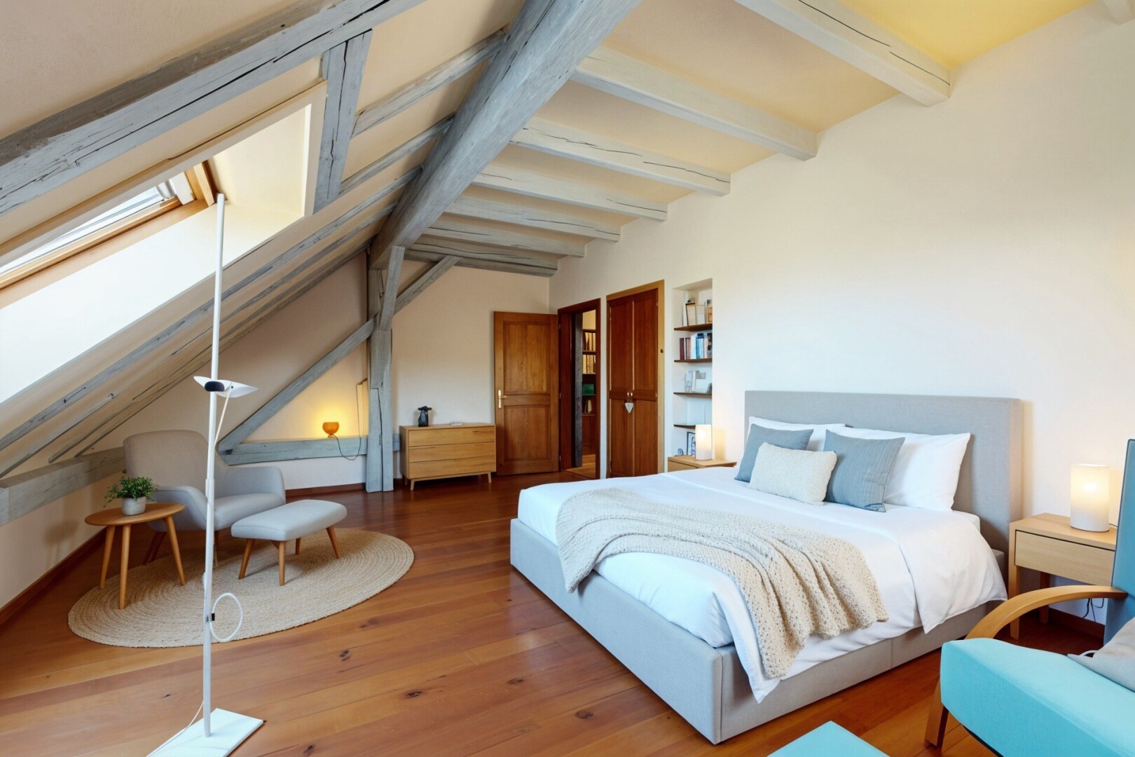 chambre avec wood finish floor, sol en finition bois, beamed ceiling, plafond à poutres, et inside property