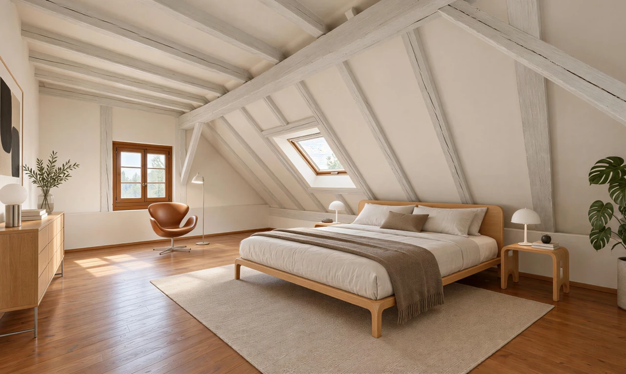 chambre avec plafond à poutres, beamed ceiling, hardwood floor, puits de lumière, et pièce supplémentaire