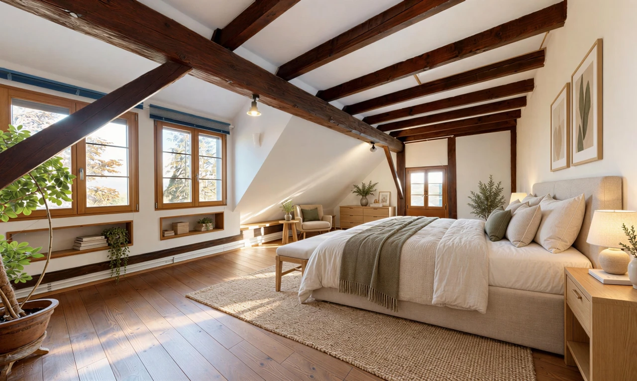 pièce vide avec pièce supplémentaire, plafond à poutres, beamed ceiling, lumière naturelle, et hardwood floor