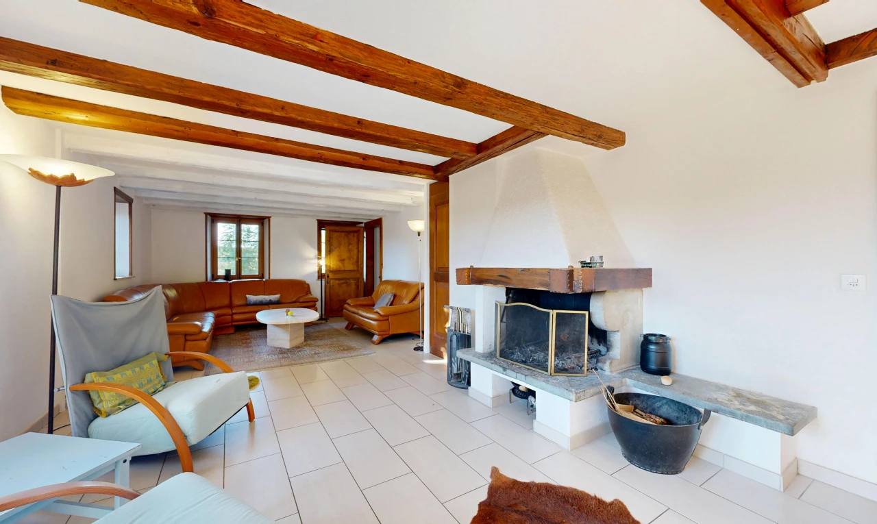 salon avec plafond à poutres, beamed ceiling, cheminée, high end ceiling, et cloison sèche