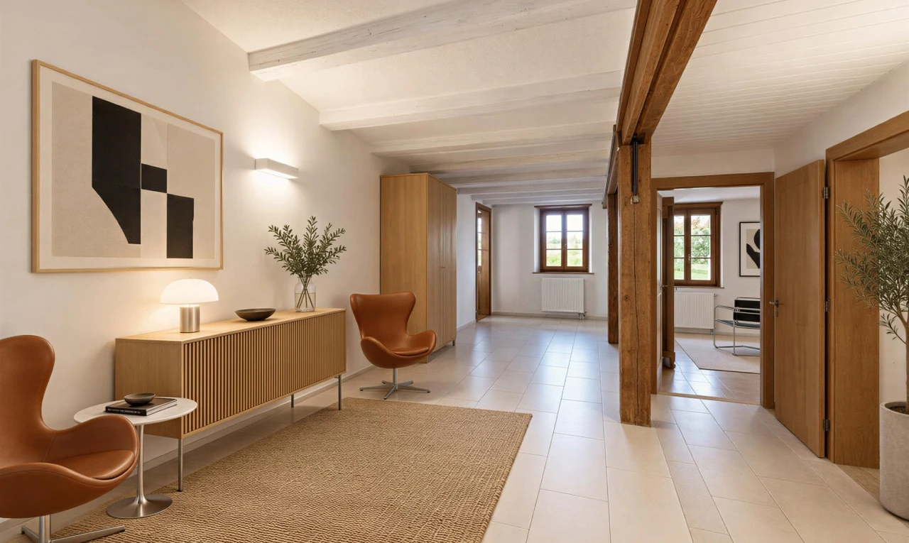 couloir avec cloison sèche, drywall, light floor, inside property, et plafond à poutres
