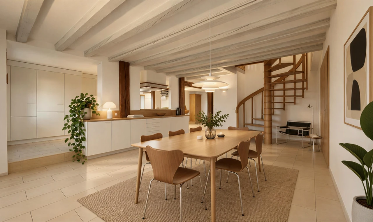 espace intérieur avec escaliers, plafond à poutres, beamed ceiling, high end ceiling, et light floor