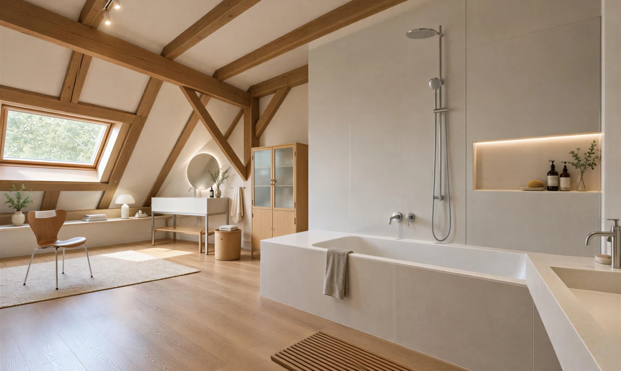 salle de bains avec plafond à poutres, beamed ceiling, salle de bain complète, éclairage sur rail, et inside property