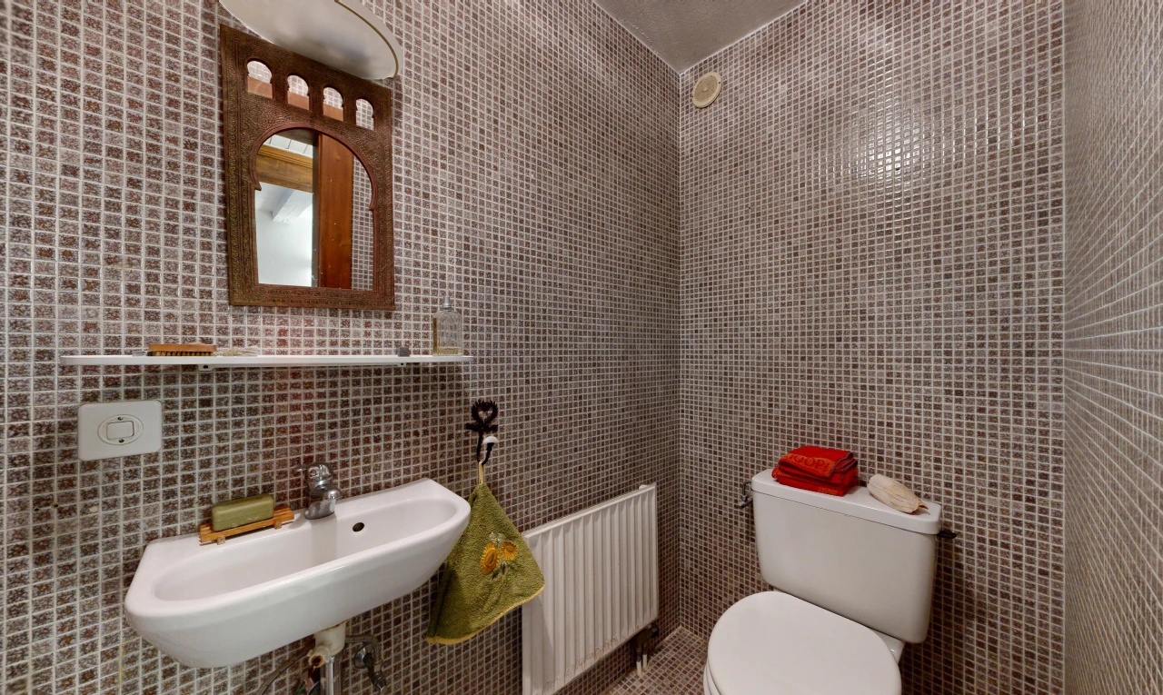 salle de bains avec mur en carrelage, tile wall, toilette, et radiateur