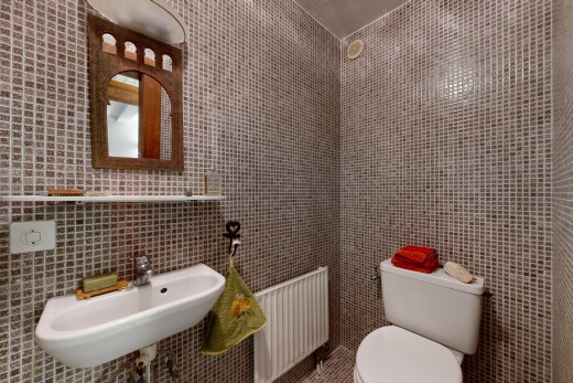 salle de bains avec mur en carrelage, tile wall, toilette, et radiateur