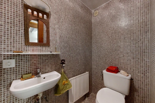 salle de bains avec mur en carrelage, tile wall, toilette, et radiateur