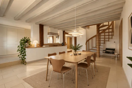 espace intérieur avec escaliers, plafond à poutres, beamed ceiling, high end ceiling, et light floor