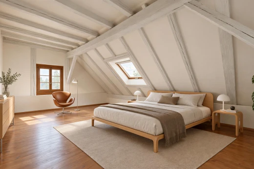 chambre avec plafond à poutres, beamed ceiling, hardwood floor, puits de lumière, et pièce supplémentaire