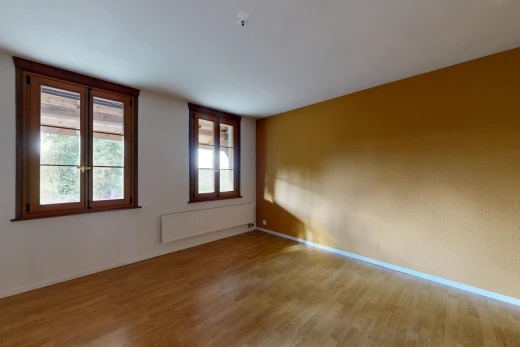 pièce vide avec lumière naturelle, radiateur, sol en finition bois, wood finish floor, et plinthes murales