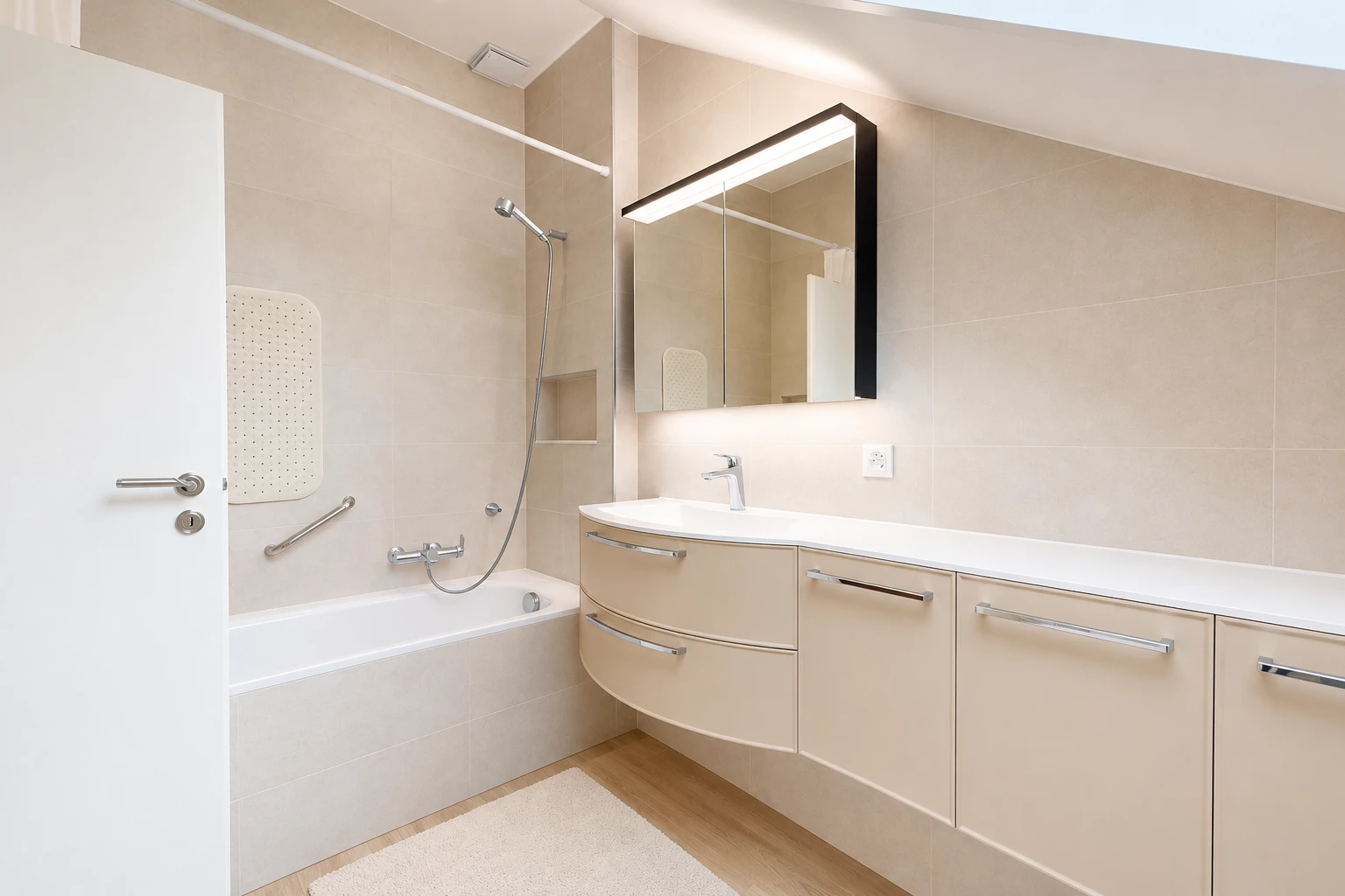 salle de bains avec douche-bain combinés, salle de bain complète, lavabo (ou coiffeuse selon le contexte), miroir, et light floor