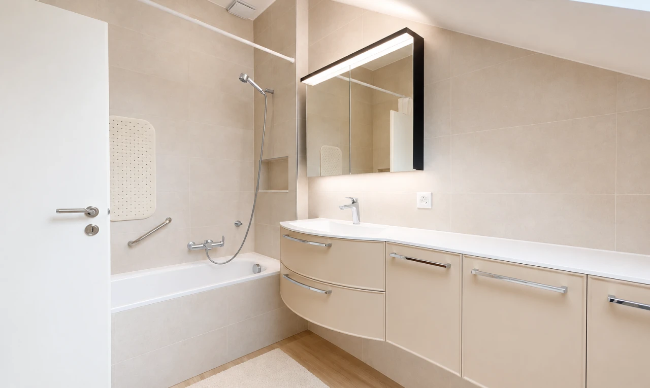 salle de bains avec douche-bain combinés, salle de bain complète, lavabo (ou coiffeuse selon le contexte), miroir, et light floor