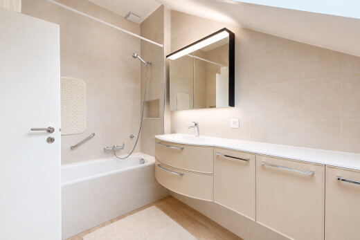 bad mit kombiniertes bad / dusche, komplettes badezimmer, schminktisch, spiegel, und light floor
