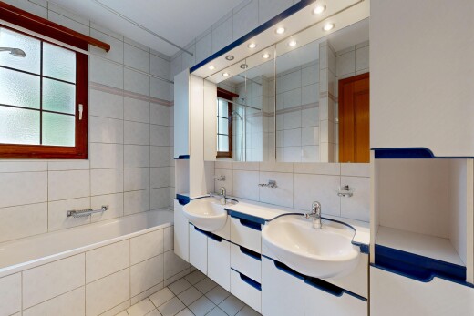 salle de bains avec salle de bain complète, double vasque, mur en carrelage, tile wall, et lumière naturelle