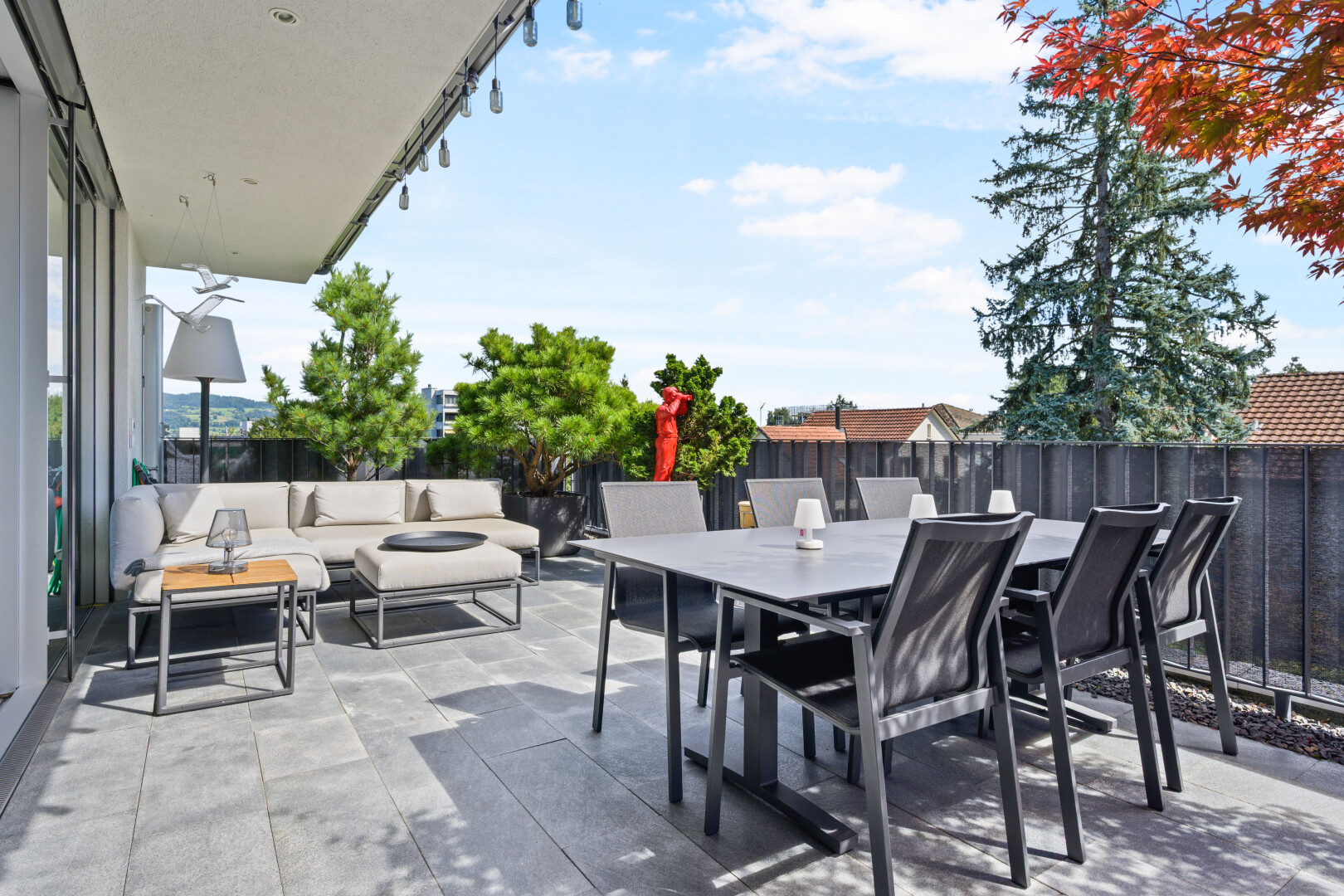 terrasse mit essbereich im freien, terrasse, day time, from property, und zaun