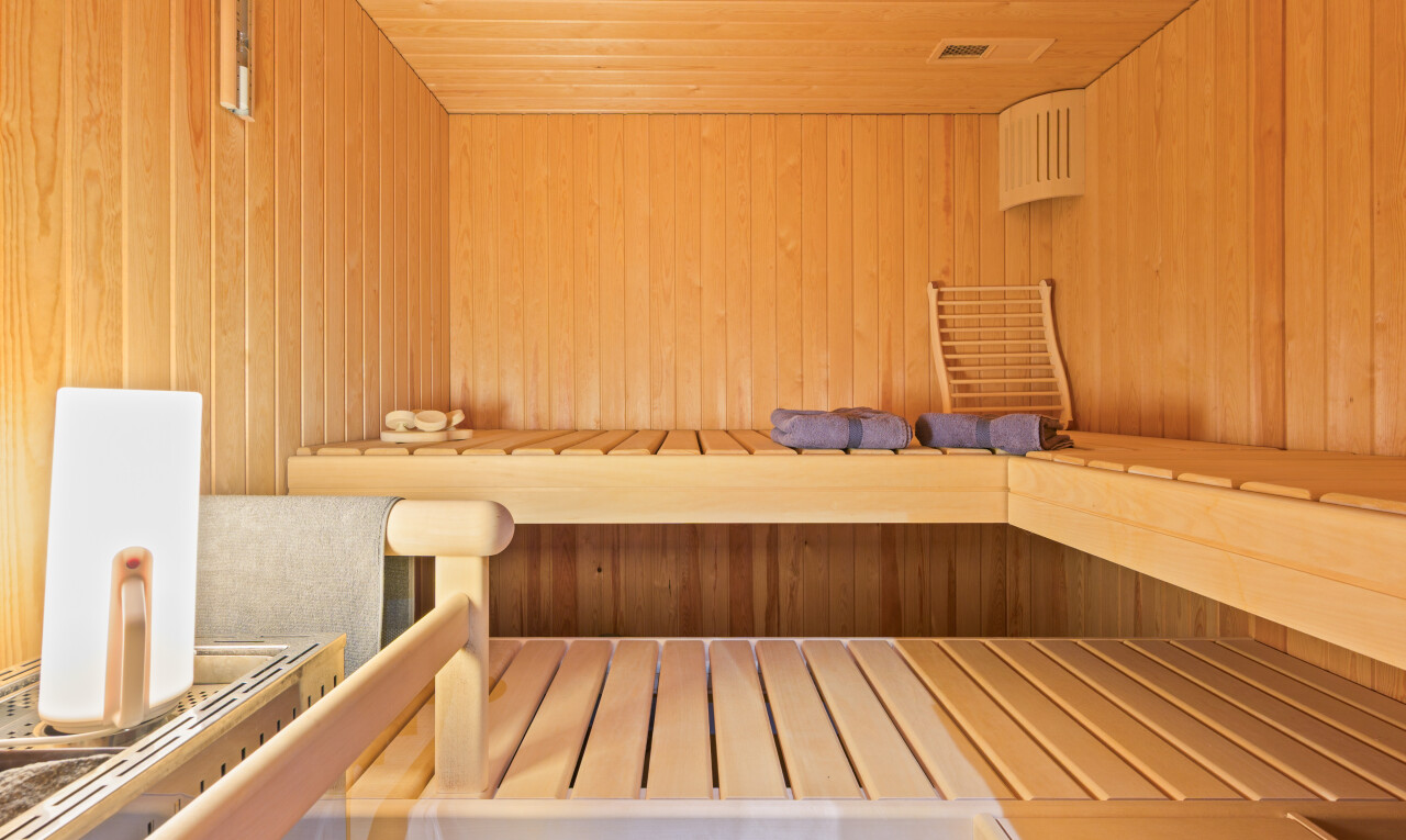 bad mit sauna, inside community, holzdecke, wood ceiling, und holzwand