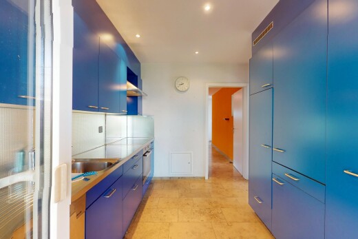 küche mit schränke mit flachen paneelen, blaue schränke, gipskartonwand, und ofen