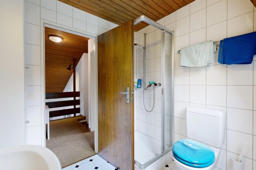 bad mit holzdecke, wood ceiling, dusche, komplettes badezimmer, und inside property