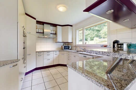 küche mit küchenrückwand beim herd, küchenrückwand beim Herd, dunstabzugshaube, weiße schränke, und natürliches licht