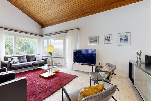 wohnzimmer mit fernseher, dachschräge, vaulted ceiling, inside property, und natürliches licht